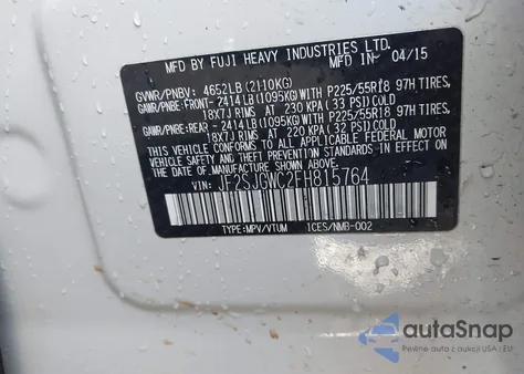 2015 Subaru Forester 2.0Xt Touring from USA, damaged, VIN JF2SJGWC2FH815764